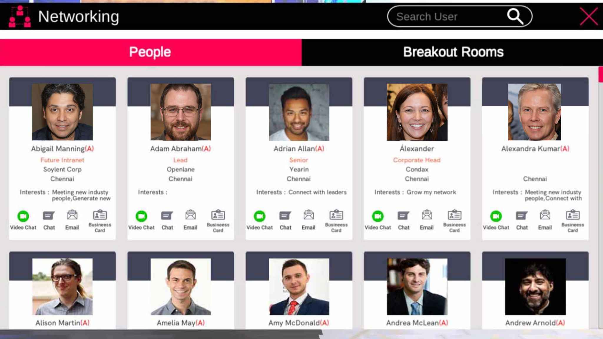 Virtual networking lounge for one-on-one meetings